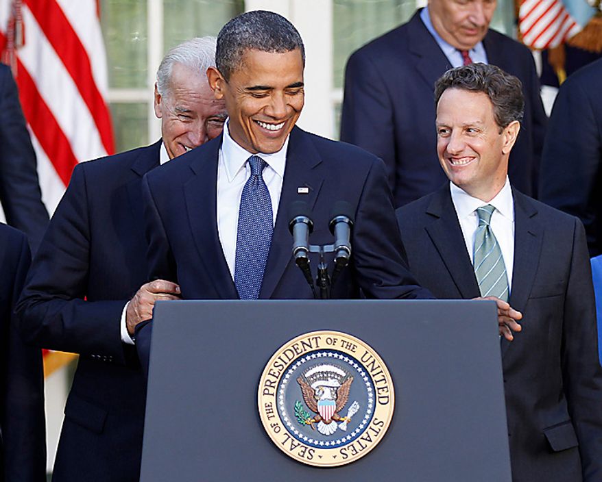 Vice President Joe Biden, left, playfully hides behind President Barack Obama, center, in the Rose Garden of the White House in Washington, DC, as Treasury Secretary Timothy Geithner looks on at right. Obama made a statement on the Senate cloture vote to allow a final vote on a bill setting aside a 30 billion dollar fund to help small U.S. businesses tide over a credit crunch, Wednesday, Sept. 15, 2010. (AP Photo/Pablo Martinez Monsivais)