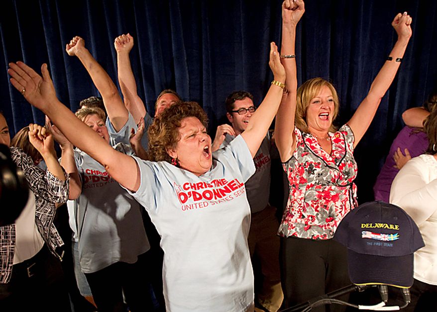 Supporters of Senate candidate Christine O'Donnell celebrate after she won the Republican nomination for Senate in Delaware, Tuesday, Sept. 14, 2010, in Dover, Del. O'Donnell upset Rep. Mike Castle. (AP Photo/Rob Carr)