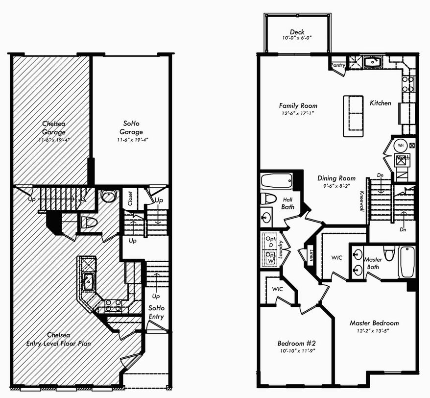 The Soho has a bedroom wing with two bedrooms and two baths, plus an open living area with a family room, dining area, center-island kitchen and sliding glass door to a deck.