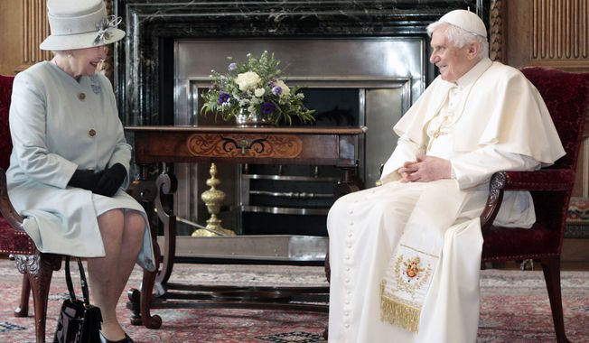 Britain&#x27;s Queen Elizabeth II talks with Pope Benedict XVI during an audience in the Morning Drawing Room at the Palace of Holyroodhouse in Edinburgh Thursday Sept. 16, 2010. The Pope is on a four-day visit to Britian. (AP Photo David Cheskin/Pool)