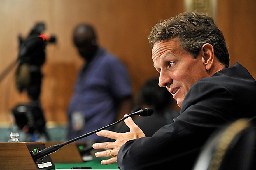 Timothy Geithner, U.S. treasury secretary, testifies at a Senate Banking Committee hearing in Washington, D.C., U.S., on Thursday, Sept. 16, 2010. Geithner said China needs to allow a "significant, sustained" rise in its currency as lawmakers called for the U.S. to toughen its stance on the yuan. Photographer: Jay Mallin/Bloomberg