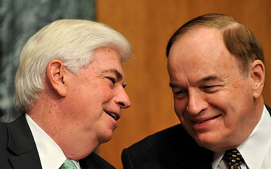 Senator Christopher Dodd, left, a Democrat from Connecticut, talks with Senator Richard Shelby, a Republican from Alabama, during a Senate Banking Committee hearing with U.S. Treasury Secretary Timothy Geithner, Washington, D.C., U.S., on Thursday, Sept. 16, 2010. Geithner said China needs to allow a "significant, sustained" rise in its currency as lawmakers called for the U.S. to toughen its stance on the yuan. Photographer: Jay Mallin/Bloomberg
