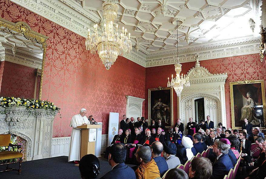 Pope Benedict XVI speaks at a meeting of religious leaders at St Mary's University College Chapel at Twickenham in west London, Friday, Sept. 17, 2010. The Pope is on a four-day visit to England and Scotland. (AP Photo/Toby Melville, Pool)