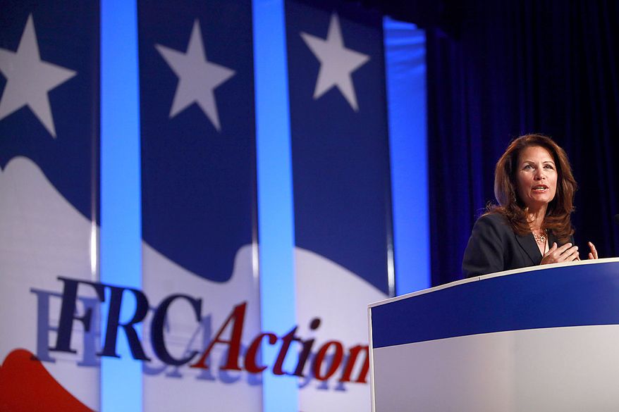 Rep. Michele Bachmann, R-Minn., speaks to the Values Voter Summit, held by the Family Research Council Action, Friday, Sept. 17, 2010, in Washington. (AP Photo/Jacquelyn Martin)