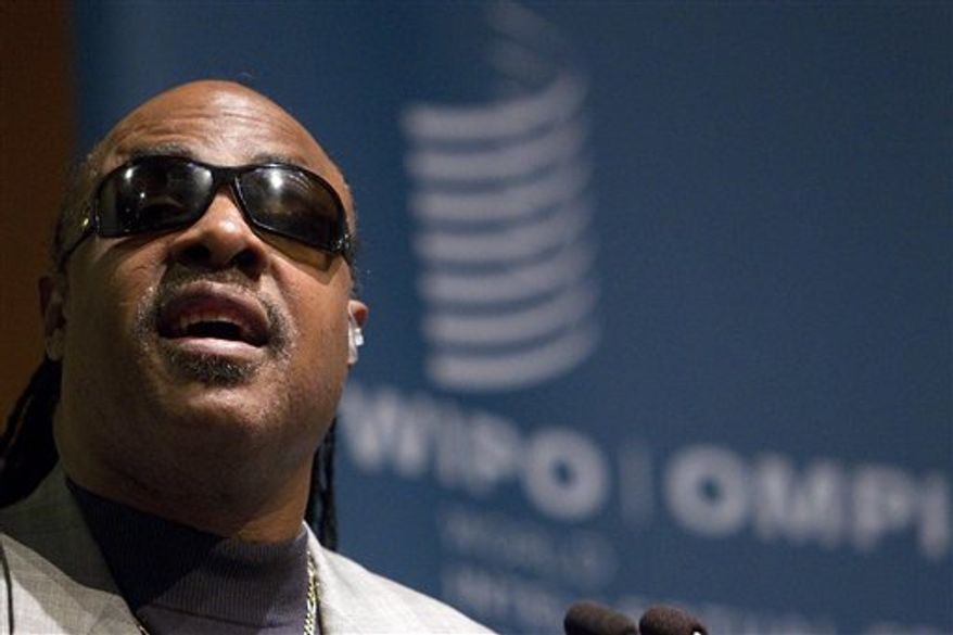 **FILE** Stevie Wonder addresses the Assemblies of the World Intellectual Property Organization at the International Conference Centre Geneva in Geneva on Sept. 20, 2010. (Associated Press)