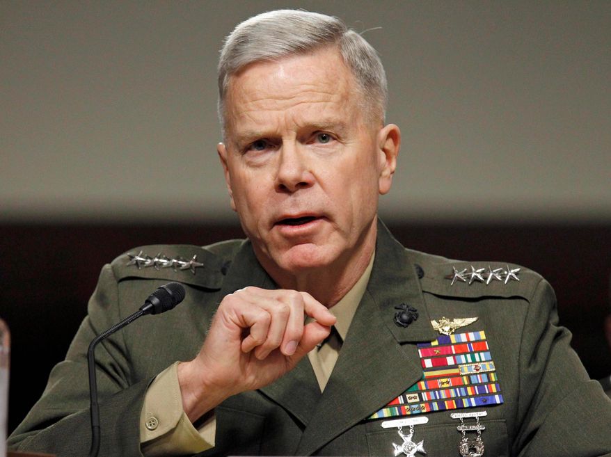 Marine Corps Gen. James F. Amos made it clear that he opposes allowing open homosexuals in the military. (Associated Press)