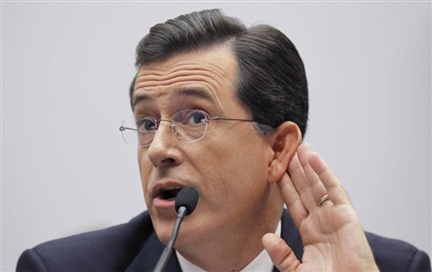 Comedian Stephen Colbert, host of the Colbert Report, testifies on Capitol Hill in Washington, Friday, Sept. 24, 2010, before the House Immigration, Citizenship, Refugees, Border Security and International Law subcommittee hearing on Protecting America&#39;s Harvest. (AP Photo/Alex Brandon)