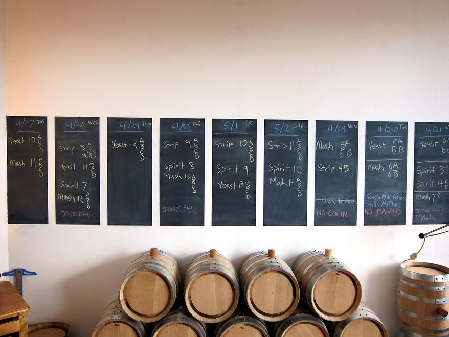 Barrels at Kings County Distillery in the Brooklyn Borough of New York are used to hold the company's product, though not for very long. King's, which is licensed, sells "white whiskey" in medicine-style bottles labeled simply moonshine. The legal but unaged drink is not as potent as the bootleg whiskey of American folklore. (Associated Press)