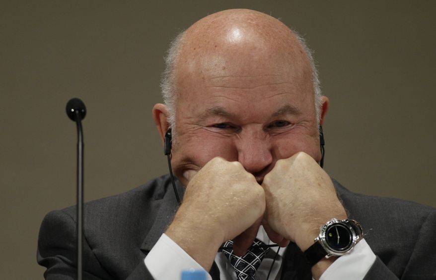 Moscow Mayor Yuri Luzhkov reacts during the Unesco's early childhood care conference in Moscow on Monday, Sept. 27, 2010, a day before the Kremlin fired him. (AP Photo/Ivan Sekretarev)