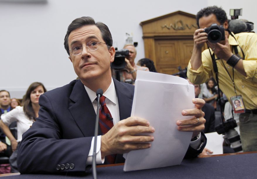 Comedian Stephen Colbert, host of the Colbert Report, prepares to testify on Capitol Hill in Washington, Friday, Sept. 24, 2010, before the House Immigration, Citizenship, Refugees, Border Security and International Law subcommittee hearing on Protecting America's Harvest. (AP Photo/Alex Brandon)