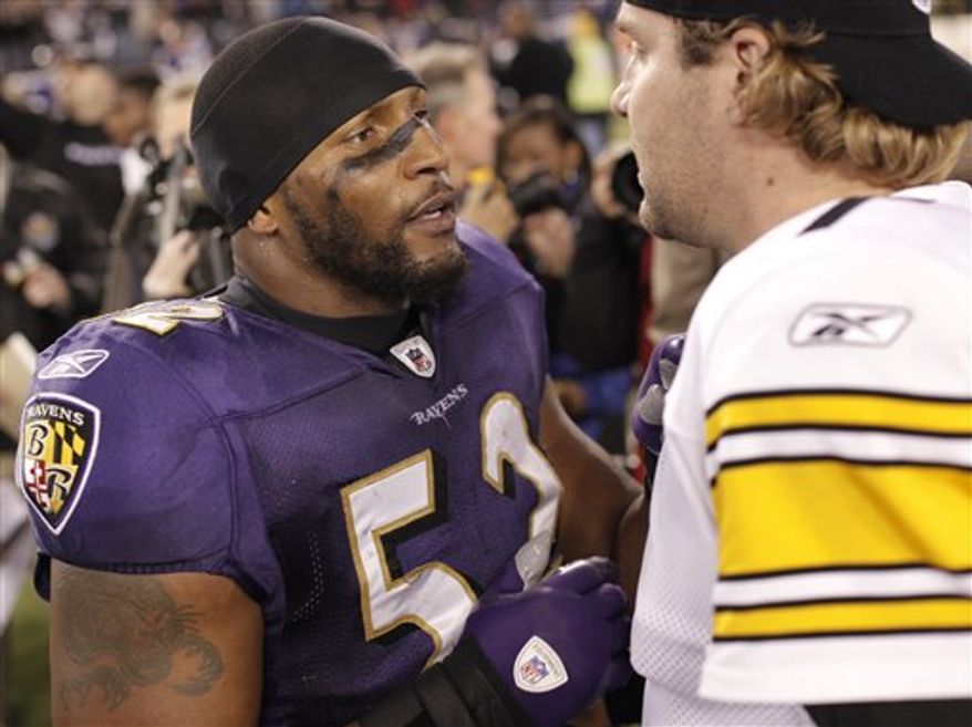 FILE - This Nov. 29, 2009, file photo shows Baltimore Ravens linebacker Ray Lewis, left, talking with Pittsburgh Steelers quarterback Ben Roethlisberger, right, after an NFL football game, in Baltimore.  Roethlisberger wishes he could play in Sunday&#x27;s Ravens-Steelers rivalry game, according to a text message the suspended quarterback sent to Ray Lewis. (AP Photo/Rob Carr, File)