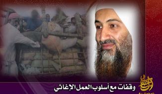 This image from video provided by the SITE Intelligence Group shows the still picture of Osama bin Laden shown on the video released on jihadist forums on Oct. 1, 2010. Al Qaeda released a new audio tape of Osama bin Laden on Friday, Oct. 1, 2010, in which the leader of the terror network calls for the creation of a relief body to aid Muslims harmed in natural disasters and wars. The authenticity of the tape could not be immediately verified. (AP Photo/SITE Intelligence Group)