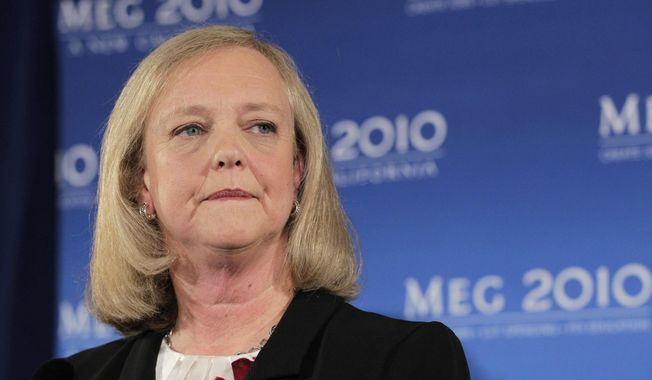 In this Sept. 30, 2010, file photo, California Republican gubernatorial candidate Meg Whitman listens to a question from reporters during a news conference in Santa Monica, Calif., (AP Photo/Jae C. Hong, File)