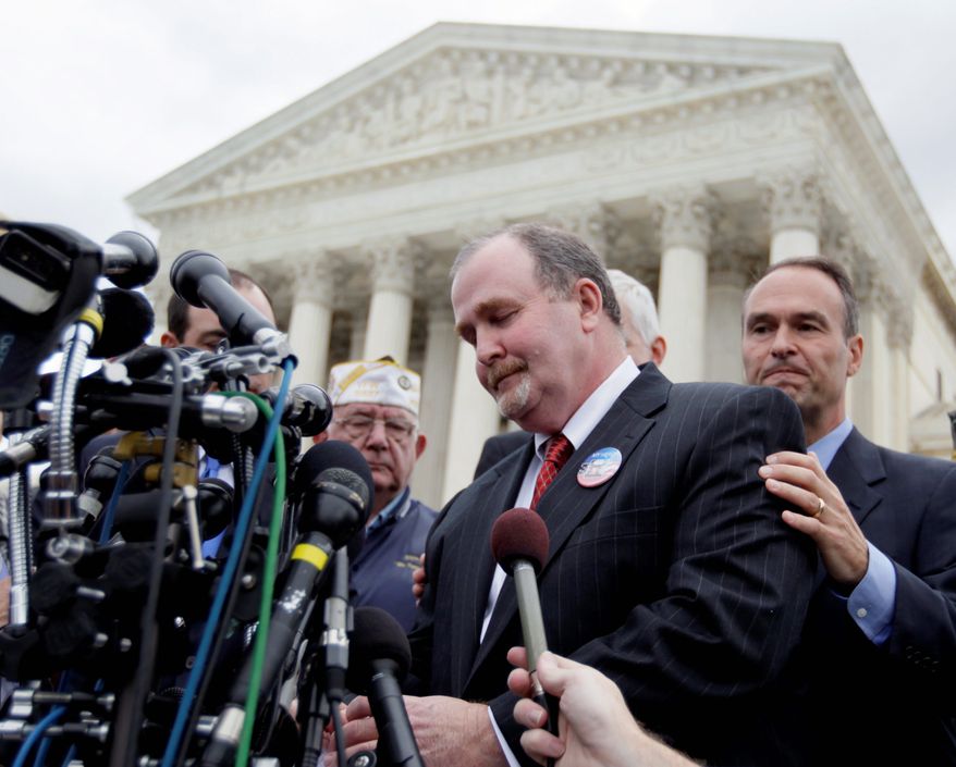 ** FILE ** In this file photo from Oct. 6, 2010, Albert Snyder, whose free-speech case was then being reviewed by the Supreme Court, makes a statement in front of the court on Wednesday. (Associated Press)