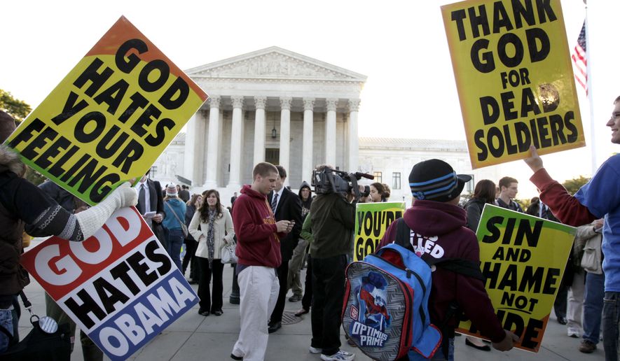 Members of the Westboro Baptist Church picket in front of the Supreme Court in Washington on Wednesday, Oct. 6, 2010. The court was hearing arguments in the dispute between Albert Snyder of York, Pa., and members of the Westboro Baptist Church of Topeka, Kan. The case pits Mr. Snyder&#x27;s right to grieve privately against the church members&#x27; right to say what they want, no matter how offensive. (AP Photo/Carolyn Kaster)