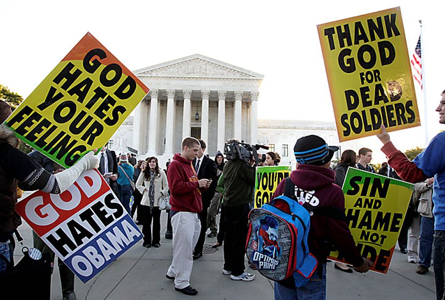 Members of the Westboro Baptist Church picket in front of the Supreme Court in Washington, Wednesday, Oct. 6, 2010. The court is hearing arguments Wednesday in the dispute between Albert Snyder of York, Pa., and members of the Westboro Baptist Church of Topeka, Kan. The case pits Snyder&#x27;s right to grieve privately against the church members&#x27; right to say what they want, no matter how offensive. (AP Photo/Carolyn Kaster)