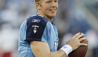 FILE - Tennessee Titans quarterback Chris Simms warms up before a preseason NFL football game between the Arizona Cardinals and the Tennessee Titans in this Aug. 23, 2010 file photo taken in Nashville, Tenn. The former Tennessee Titans backup quarterback was due in a New York City court Thursday Oct. 7, 2010 for a hearing and possible trial in his drugged-driving case.  (AP Photo/Wade Payne, File)
