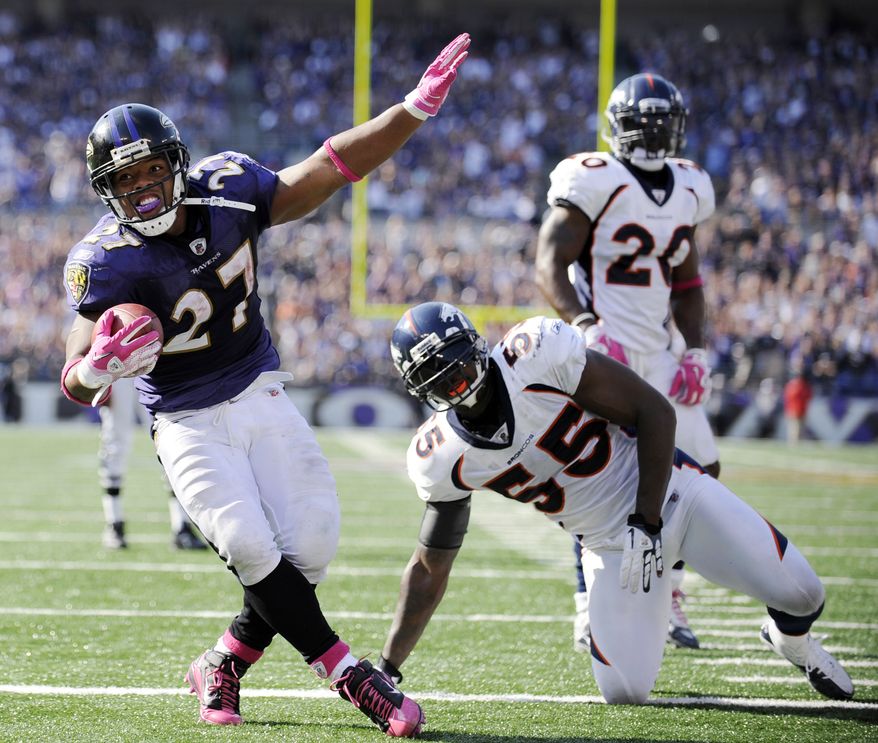 ASSOCIATED PRESS Baltimore Ravens  running back Ray Rice (27) celebrates in front of Denver Broncos linebacker D.J. Williams (55) and safety Brian Dawkins (20) after scoring a touchdown during the second half of an NFL football game in Baltimore, Sunday, Oct. 10, 2010.