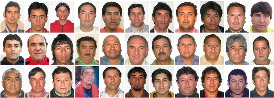 This combination of undated photographs released by Diario Atacama shows the 33 miners who have been trapped alive in the San Jose mine in Copiapo, Chile, since it collapsed on Aug. 5, 2010. Top row, from left to right: Alex Vega Salazar, Ariel Ticona Yanez, Carlos Andres Bugueno Alfaro, Calros Barrios Contreras, Carlos Mamani Solis, Claudio Antonio Acuna Cortes, Claudio David Yanez Lagos, Daniel Esteban Herrera Campos, Dario Antonio Segovia Rojas, Edison Fernando Pena Villarroel and Esteban Alfonso Rojas Carrizo. Second row, from left to right: Florencio Antonio Avalos Silva, Franklin Lobos Ramirez, Jimmy Sanchez Lagues, Jorge Hernan Galleguillos, Jorge Ricardo Ojeda Vidal, Jose Samuel Henriquez Gonzalez, Juan Andres Illanes Palma, Juan Carlos Aguilar Gaete, Luis Alberto Urzua, Mario Nicolas Gomez Heredia and Mario Sepulveda Espina. Third row, from left to right: Omar Orlando Reygada Rojas, Osman Isidro Araya Acuna, Pablo Amadeos Rojas Villacorta, Pedro Cortez, Raul Enriquez Bustos Ibanez, Renan Anselmo Avalos Silva, Richard Reinaldo Villarroel Godoy, Samuel Dionisio Avalos Acuna, Victor Antonio Segovia Rojas, Victor Hermogenes Zamora Bugueno and Johny Barrios Rojas. (Associated Press/Diario Atacama, File)
