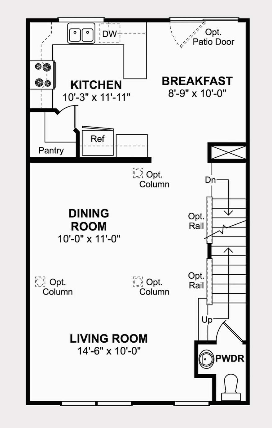 The Adams III model has a breakfast area and kitchen at the back of the main level, with an open living and dining room at the front. Upstairs are the master suite with a private bath and two more bedrooms that share a bath.