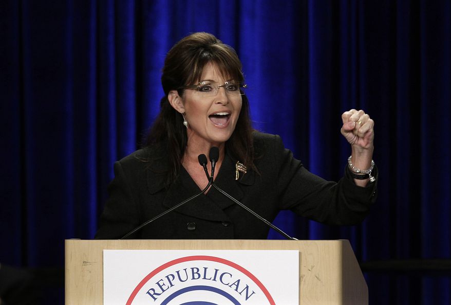 ** FILE ** Former Alaska Gov. Sarah Palin speaks during a rally in Anaheim, Calif., on Saturday, Oct. 16, 2010. (AP Photo/Jae C. Hong)