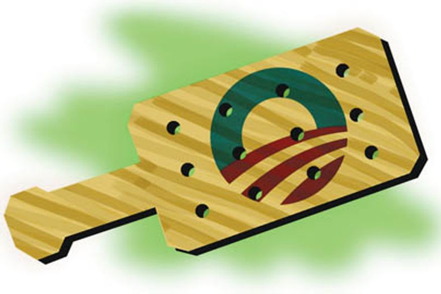 Illustration: Obama paddle by Alexander Hunter for The Washington Times