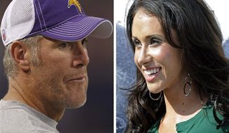 FILE - At left, in a Sept. 2, 2010, file photo,  is Minnesota Vikings quarterback Brett Favre before an NFL football game against the Denver Broncos, in Minneapolis. At right, in a Sept. 14, 2008, file photo, is Jenn Sterger on the sideline before an NFL football game between the New York Jets and New England Patriots, in East Rutherford, N.J.  The ex-New York Jets employee involved in the allegation against Favre has hired a lawyer. Sterger&#39;s manager Phil Reese says Wednesday, Oct. 20, 2010, the decision was made &quot;after much deliberation.&quot; (AP Photo/File)