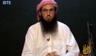 This image from video provided by the SITE Intelligence Group shows Adam Gadahn as he appeared on a video released on militant Web sites on Saturday. The U.S.-born spokesman for al Qaeda on Saturday urged Muslims living in the United States and Europe to carry out attacks there, calling it a duty and an obligation. (Associated Press/SITE Intelligence Group)