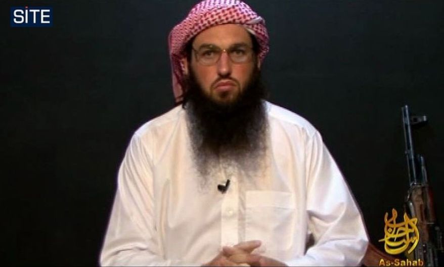 This image from video provided by the SITE Intelligence Group shows Adam Gadahn as he appeared on a video released on militant Web sites on Saturday. The U.S.-born spokesman for al Qaeda on Saturday urged Muslims living in the United States and Europe to carry out attacks there, calling it a duty and an obligation. (Associated Press/SITE Intelligence Group)