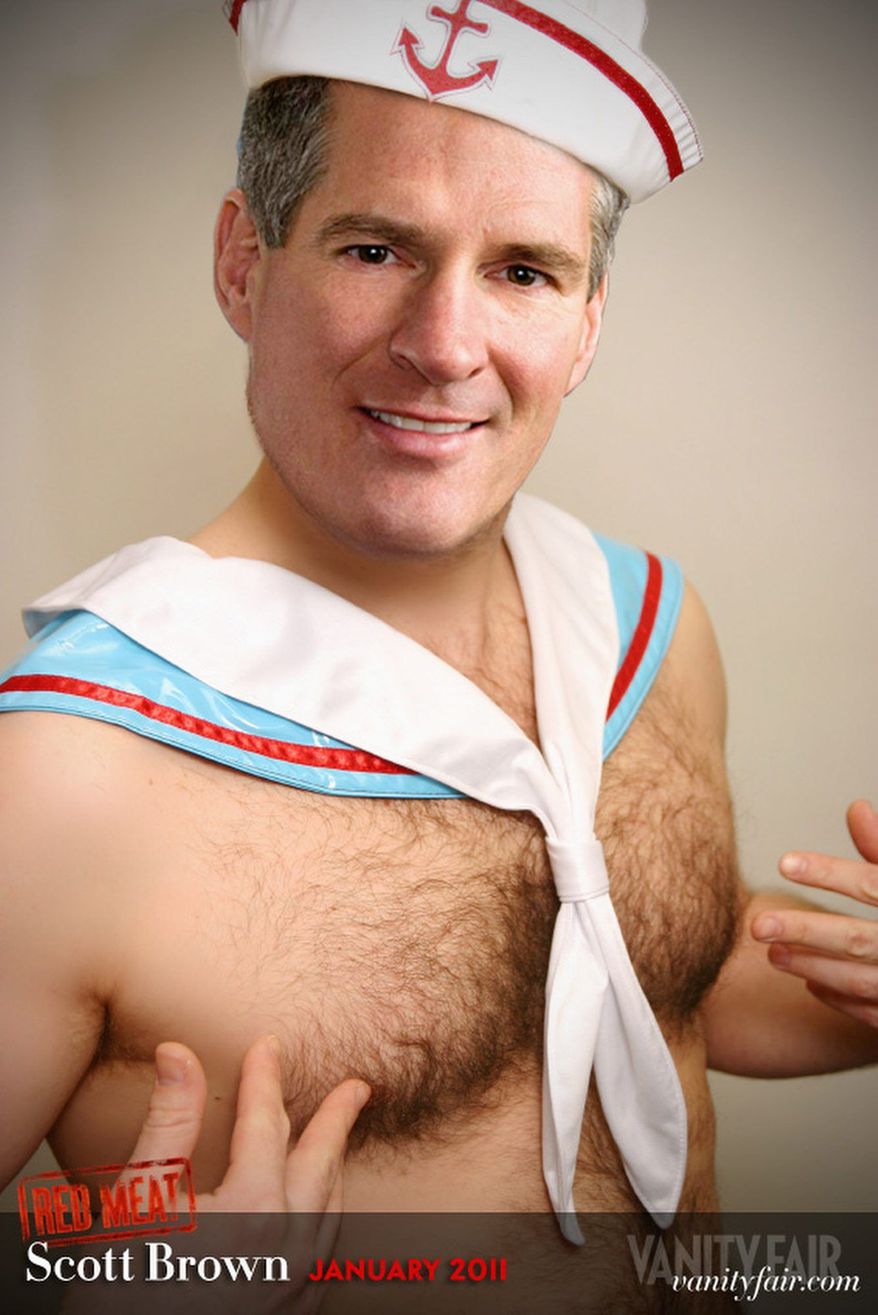 VANITY FAIR
A confabulated pinup image of Sen. Scott Brown of Massachusetts in Vanity Fair magazine could help derail talk of Republican victories in the midterm elections.