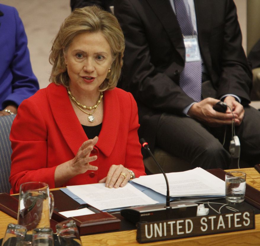 U.S Secretary of State Hillary Rodham Clinton addresses a Security Council meeting on Tuesday at United Nations headquarters. (Associated Press)