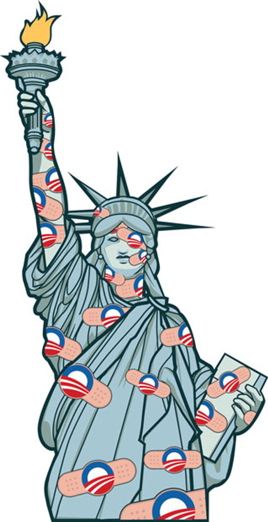 Illustration: Obamacare Liberty by Linas Garsys for The Washington Times