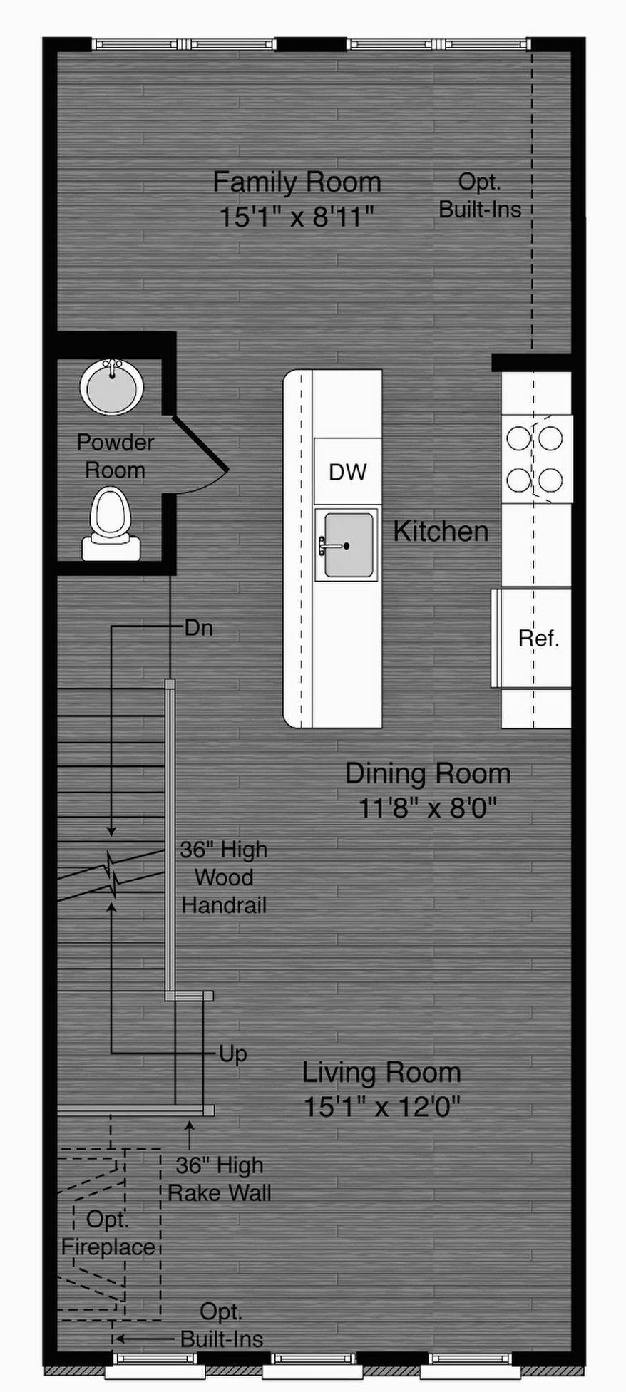 The Ashton model at Buckingham Commons has four levels, including a rooftop terrace, and an open floor plan on the main level with a family room, kitchen, dining room and living room.