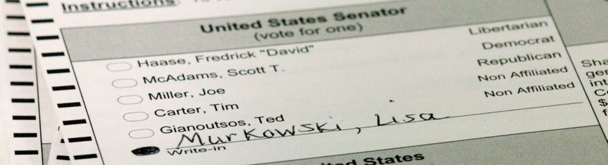 A write-in ballot is seen here in Juneau, Alaska. Election officials began poring over more than 92,500 write-in ballots in the Alaska Senate race on Wednesday, in spite of a federal lawsuit that's challenging the way the count is to be conducted. (Associated Press)