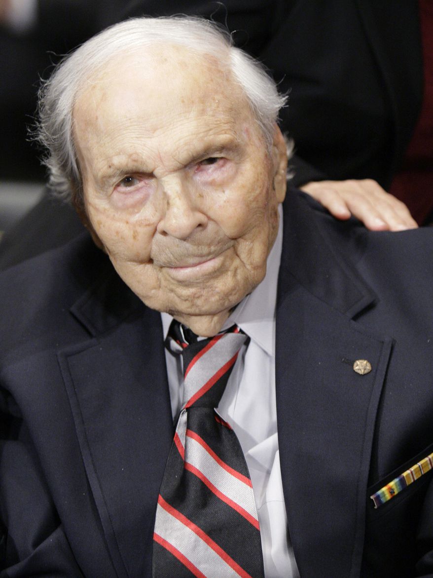 ** FILE ** In a Dec. 3, 2009, file photo, Frank Buckles, from West Virginia, 108, appears on Capitol Hill in Washington, before the Senate National Parks subcommittee. Buckles, now 109, America's last surviving World War I veteran and the honorary chairman of the World War I Memorial Foundation, said Wednesday, Nov. 10, 2010, that Congress should pass legislation to create a memorial in the nation's capital honoring veterans of that conflict. (AP Photo/Alex Brandon, File)