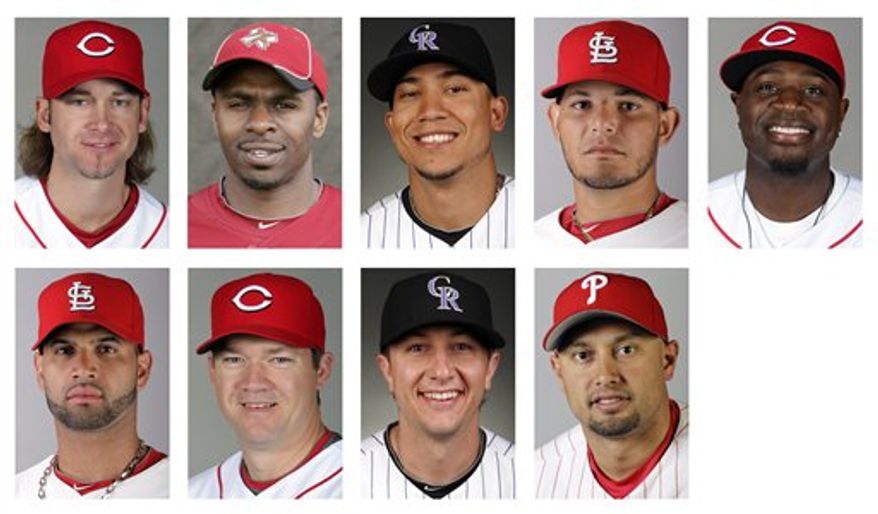 FILE - In this combo of 2010 file photos, the 2010 National League Gold Glove winners are shown. They are, top row from left, Cincinnati Reds pitcher Bronson Arroyo, Houston Astros outfielder Michael Bourn, Colorado Rockies outfielder Carlos Gonzalez, St. Louis Cardinals catcher Yadier Molina, and Reds second baseman Brandon Phillips; bottom row from left, Cardinals first baseman Albert Pujols, Reds third baseman Scott Rolen, Rockies shortstop Troy Tulowitzki, and Philadelphia Phillies outfielder Shane Victorino. (AP Photo/File)