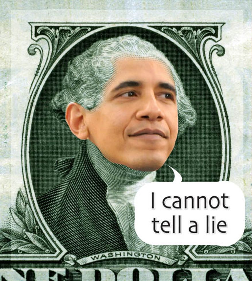 Illustration: Obama's truth by Greg Groesch for The Washington Times