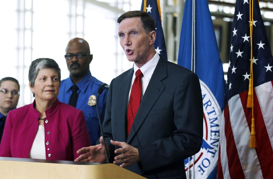 ASSOCIATED PRESS In this Nov. 15, 2010, photo, Transportation Security Administration (TSA) Administrator John Pistole, right, accompanied by Homeland Security Secretary Janet Napolitano, left, speaks to the media during a news conference to kick off the holiday travel season at Washington&#x27;s Ronald Reagan National Airport. Pistole told the Senate Homeland Security Committee on Tuesday, Nov. 16, that passengers who refuse to go through a whole-body scanner machine and get a pat-down won&#x27;t be allowed on planes, even if they turned down the in-depth screening for religious reasons. 