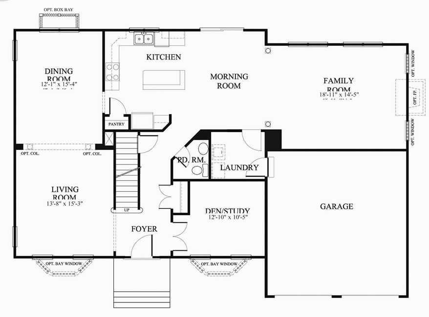 The White Oak II model has a study, formal living and dining rooms, a center-island kitchen and morning room, a family room, and a laundry room on the main level. Upstairs are four bedrooms and two full baths.