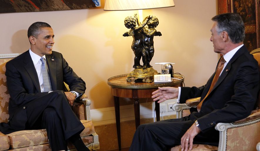 President Obama meets with Portuguese President Anibal Cavaco Silva before their bilateral meeting at the Belem National Palace in Lisbon, Portugal, Friday, Nov. 19, 2010. (AP Photo/Pablo Martinez Monsivais)