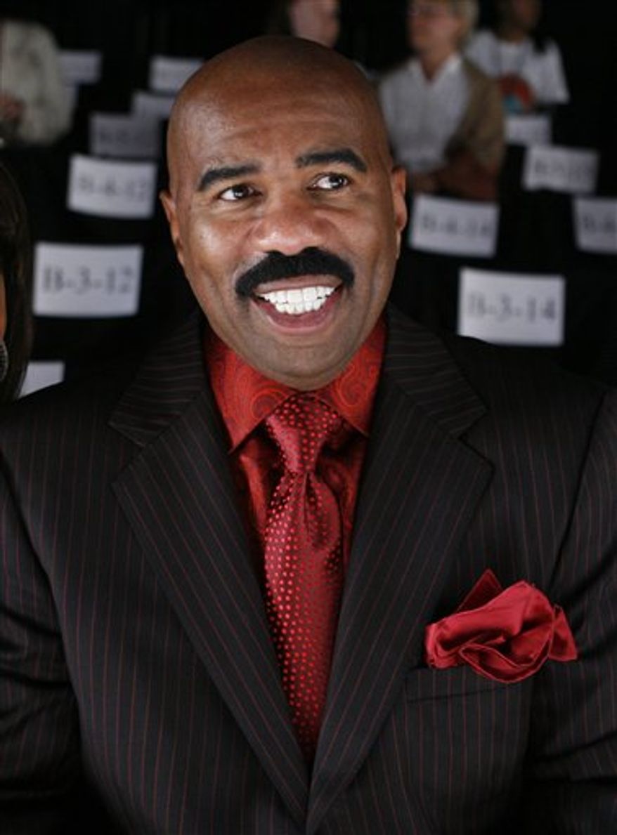 FILE - In this Sept. 12, 2009 file photo, Steve Harvey arrives for the Chado Ralph Rucci spring 2010 collection show during Fashion Week in New York. (AP Photo/Jason DeCrow, file)