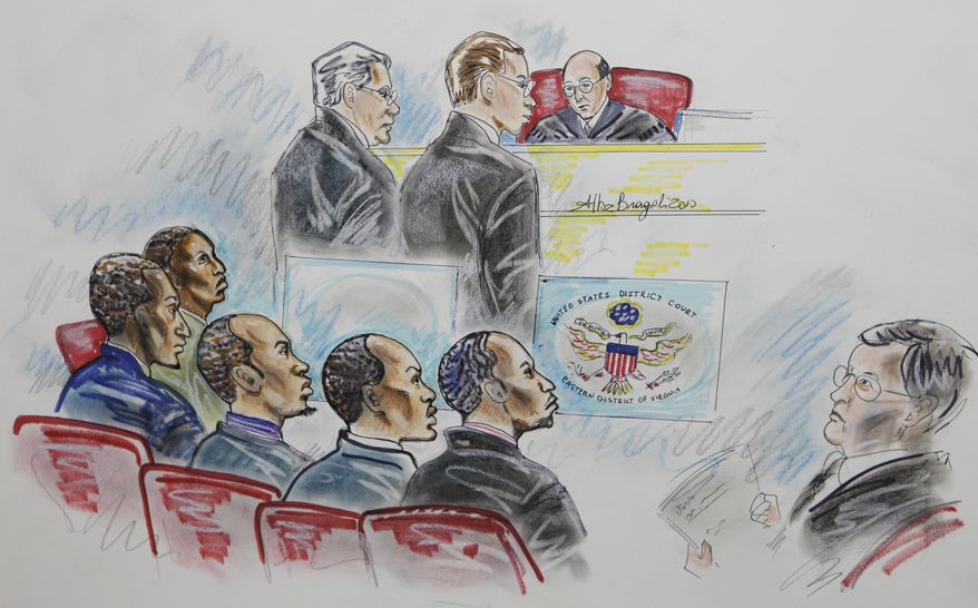 From left: In this courtroom sketch, suspected Somali pirates Mohammed Modin Hasan, Abdi Mohammed Gurewardher, Abdi Mohammed Umar, Gabul Abdullahi Ali and Abdi Wali Dire listen during jury selection on Nov. 10 at the federal courthouse in Norfolk, Va. The five men were convicted Wednesday of attacking a U.S. Navy ship off Africa's coast. (Associated Press)