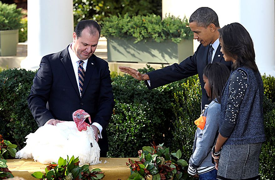 President Barack Obama pardons "Apple," the National Thanksgiving turkey during a ceremony in the Rose Garden of the White House in Washington, Wednesday, Nov. 24, 2010. National Turkey Federation Chairman Yubert Envia, left, and first daughters, Sasha, second from right, and Malia, right, watch. (AP Photo/Susan Walsh)
