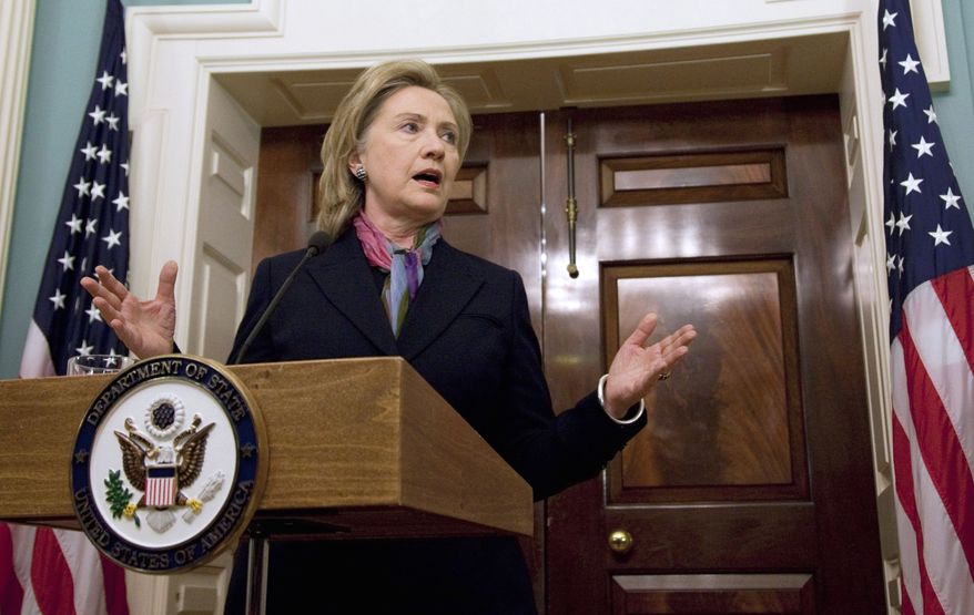 Secretary of State Hillary Rodham Clinton addresses the release of diplomatic documents on WikiLeaks on Monday, Nov. 29, 2010, at the State Department in Washington. (AP Photo/Evan Vucci)