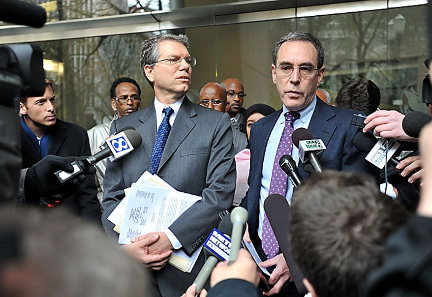 Steven T. Wax, right, federal public defender and Stephen R. Sady, the chief deputy public defender, speak to reporters following an appearance in federal court by terror suspect Mohamed Osman Mohamud on Monday, Nov. 29, 2010, in Portland, Ore. Authorities say Mohamud and an FBI operative parked a van full of dummy explosives on Southwest Yamhill Street across from Pioneer Courthouse Square just after sundown Friday while thousands gathered in the square for the annual tree lighting. Mohamud is accused of attempting to detonate the explosives. (AP Photo/Steve Dykes)
