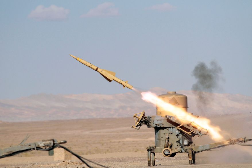 A rapier missile launches during a war game outside the city of Semnan, about 140 miles east of Tehran, on Wednesday. In military maneuvers and air shows, Iran has been proudly touting advances in its air forces and defenses, including radar systems, anti-aircraft batteries and new attack and reconnaissance drones. (Associated Press)