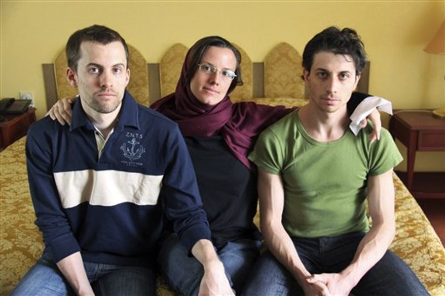 ** FILE ** American hikers Shane Bauer (left), Sarah Shourd and Josh Fattal are pictured at the Esteghlal Hotel in Tehran in May 2010. (AP Photo/Press TV, File)
