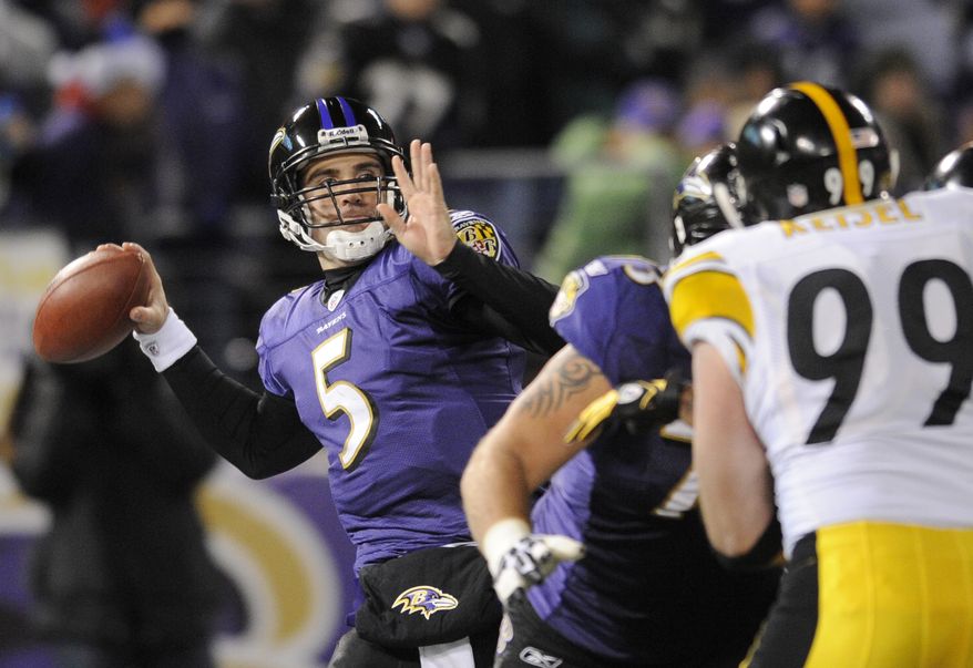 Baltimore Ravens quarterback Joe Flacco (5) throws a pass against the Pittsburgh Steelers during the first half of an NFL football game, Sunday, Dec. 5, 2010, in Baltimore. (AP Photo/Nick Wass)