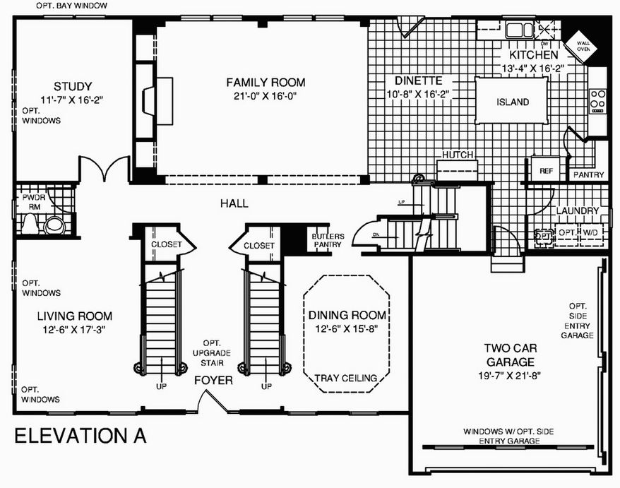 The Regent's Park model has a study, a family room and a center-island kitchen across the back of the home. A split staircase leads to the upper level, where the master suite has a luxury bath and two walk-in closets.