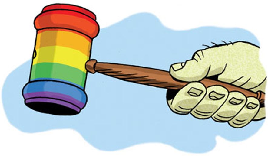 Illustration: Rainbow gavel by Alexander Hunter for The Washington Times